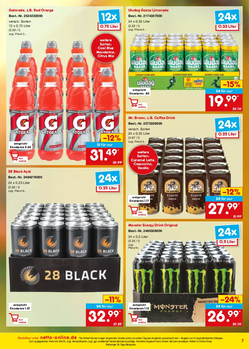 Aktueller Prospekt Netto Marken-Discount - Online-Angebote Juli - von 01.07 bis 31.07.2023 - strona 7 - produkty: angebot, bestpreis, Cap, caramel, cin, citrus, drink, eis, energy drink, gin, lack, latte, limo, limonade, mandarine, monster, Monster Energy, ndk, orange, reis, Ti, ZTE