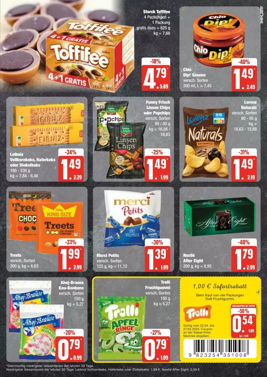 Aktueller Prospekt Edeka - Prospekte - von 20.04 bis 27.04.2024 - strona 15 - produkty: after eight, coupon, eis, frucht, fruchtgummi, hafer, keks, korn, leibniz, LG, linsen, reis, sofortrabatt, Ti, trolli, trolli fruchtgummi, ZTE