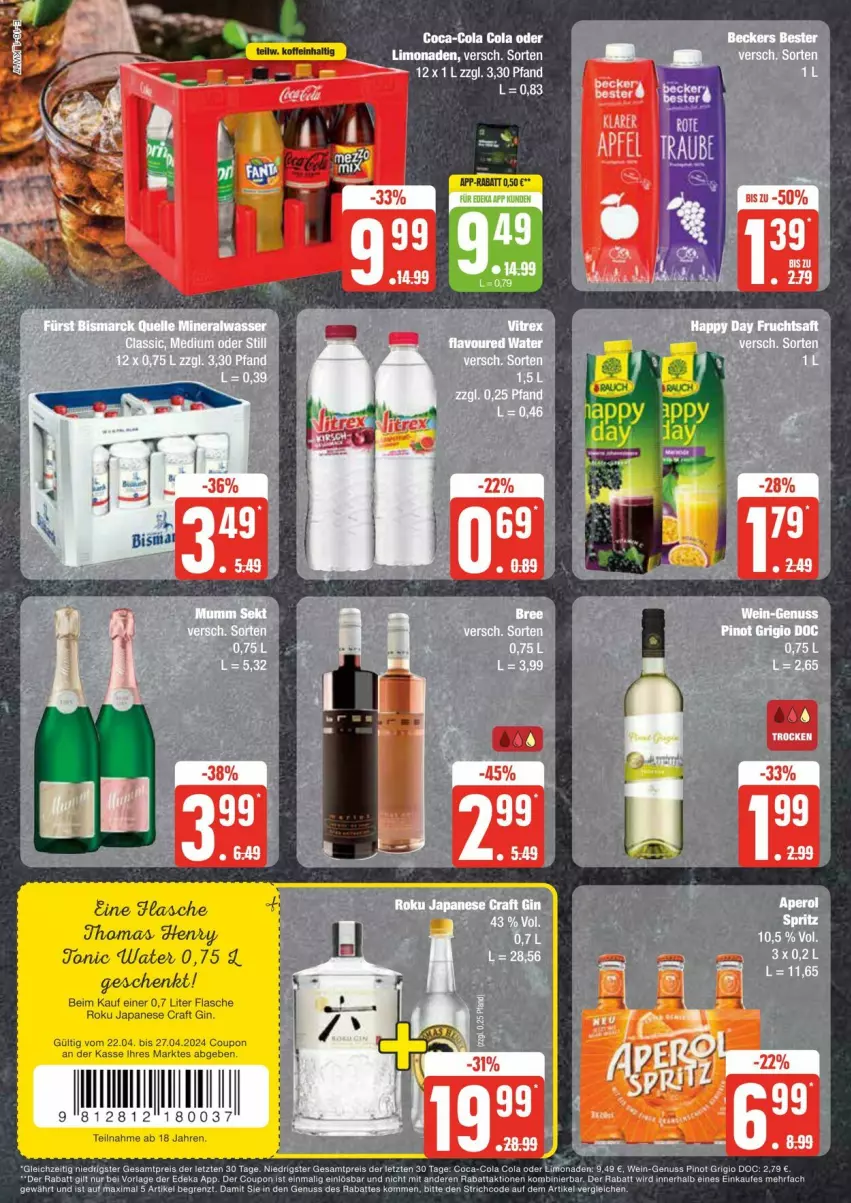 Aktueller Prospekt Edeka - Prospekte - von 20.04 bis 27.04.2024 - strona 16 - produkty: coca-cola, cola, coupon, deka, eier, flasche, gin, limo, limonade, limonaden, nuss, Ti