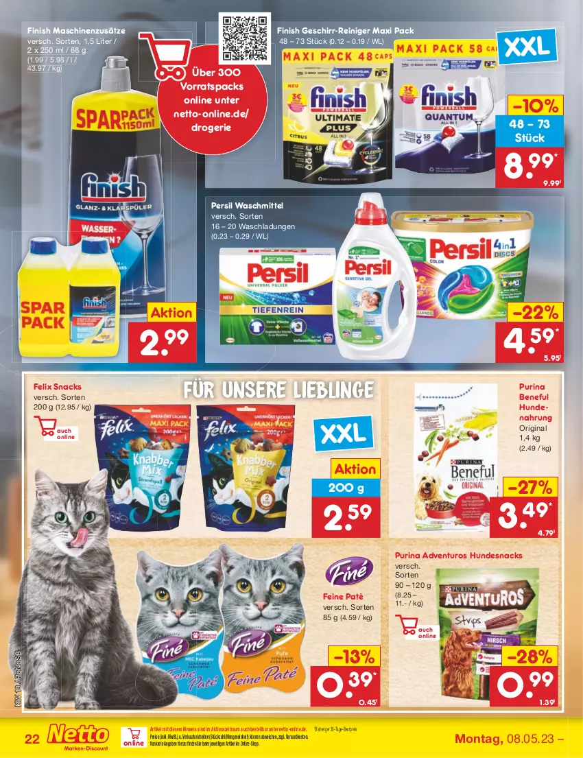 Aktueller Prospekt Netto Marken-Discount - Filial-Angebote - von 08.05 bis 13.05.2023 - strona 22 - produkty: adventuros, bestpreis, eis, felix, Finish, geschirr, gin, hundenahrung, hundesnack, hundesnacks, ndk, persil, persil waschmittel, purina, reiniger, reis, snack, snacks, Ti, waschmittel