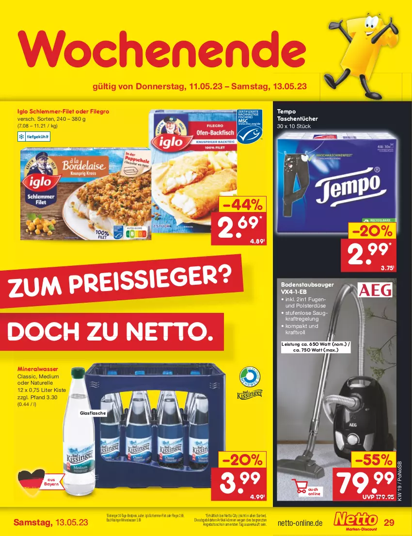 Aktueller Prospekt Netto Marken-Discount - Filial-Angebote - von 08.05 bis 13.05.2023 - strona 29 - produkty: Alwa, angebot, Bad, bestpreis, bodenstaubsauger, eis, elle, filegro, filet, flasche, glasflasche, iglo, kraft, mineralwasser, Mineralwasser Classic, natur, reis, rel, schlemmer-filet, staubsauger, Tasche, taschen, taschentücher, Tempo, Ti, tücher, wasser, ZTE