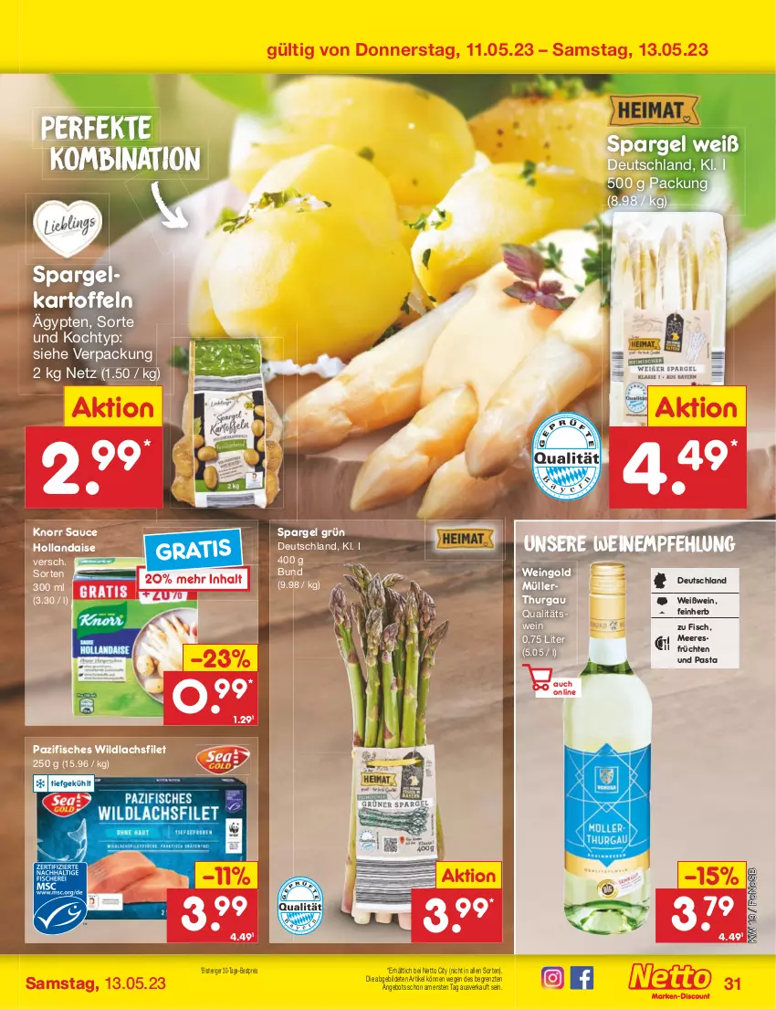 Aktueller Prospekt Netto Marken-Discount - Filial-Angebote - von 08.05 bis 13.05.2023 - strona 31 - produkty: angebot, bestpreis, eis, filet, fisch, fische, früchte, früchten, hollandaise, kartoffel, kartoffeln, knorr, lachs, lachsfilet, meeresfrüchte, Müller, pasta, qualitätswein, reis, sauce, sauce hollandaise, spargel, spargel grün, Ti, wein, weine, Weißwein, Wild, wildlachs, ZTE