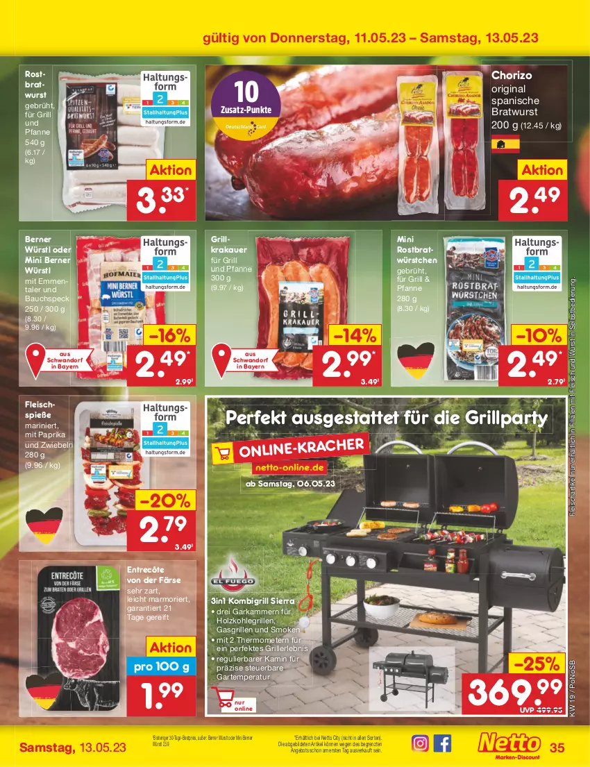 Aktueller Prospekt Netto Marken-Discount - Filial-Angebote - von 08.05 bis 13.05.2023 - strona 35 - produkty: angebot, auer, Bau, bestpreis, bratwurst, chorizo, eis, emmentaler, entrecôte, fleisch, Fleischspieße, für grill und pfanne, gasgrill, gin, grill, grill und pfanne, Holz, holzkohle, holzkohlegrill, Kamin, Kohlegrill, krakauer, mit paprika, paprika, pfanne, reis, rostbratwurst, Sierra, Speck, thermometer, Ti, und pfanne, wurst, wurst in selbstbedienung, würstchen, ZTE, zwiebel, zwiebeln