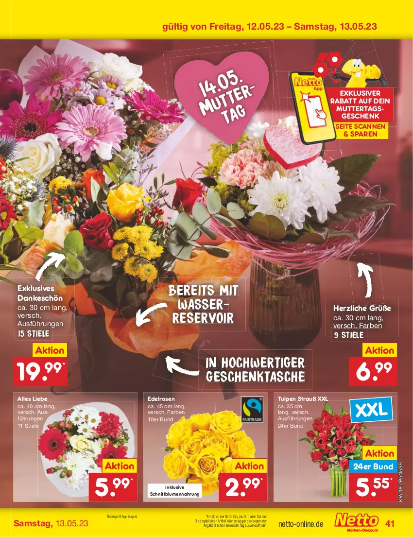 Aktueller Prospekt Netto Marken-Discount - Filial-Angebote - von 08.05 bis 13.05.2023 - strona 41 - produkty: angebot, bestpreis, blume, blumen, eis, Geschenktasche, reis, rosen, Tasche, Ti, wasser, ZTE