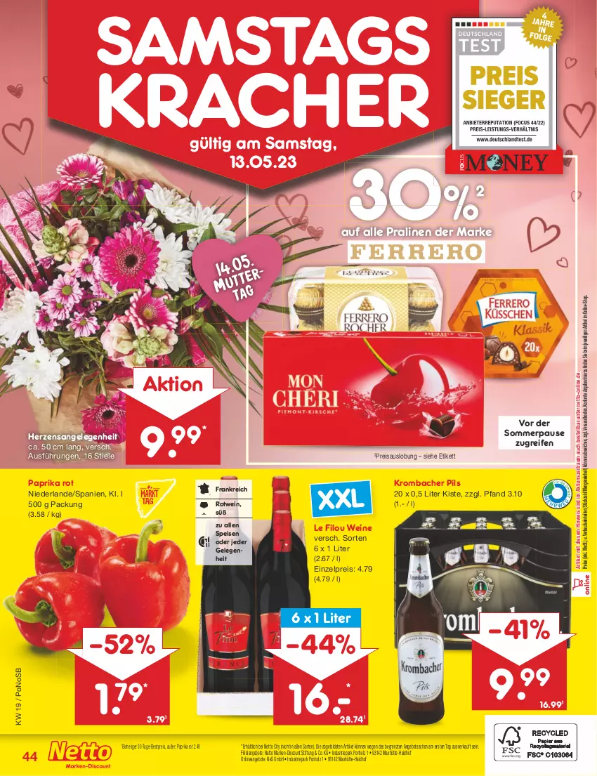 Aktueller Prospekt Netto Marken-Discount - Filial-Angebote - von 08.05 bis 13.05.2023 - strona 44 - produkty: angebot, angebote, bestpreis, discount, eis, Holz, kracher, krombache, krombacher, krombacher pils, marken-discount, ndk, paprika, paprika rot, pils, pralinen, reifen, reis, rotwein, Ti, wein, weine, ZTE