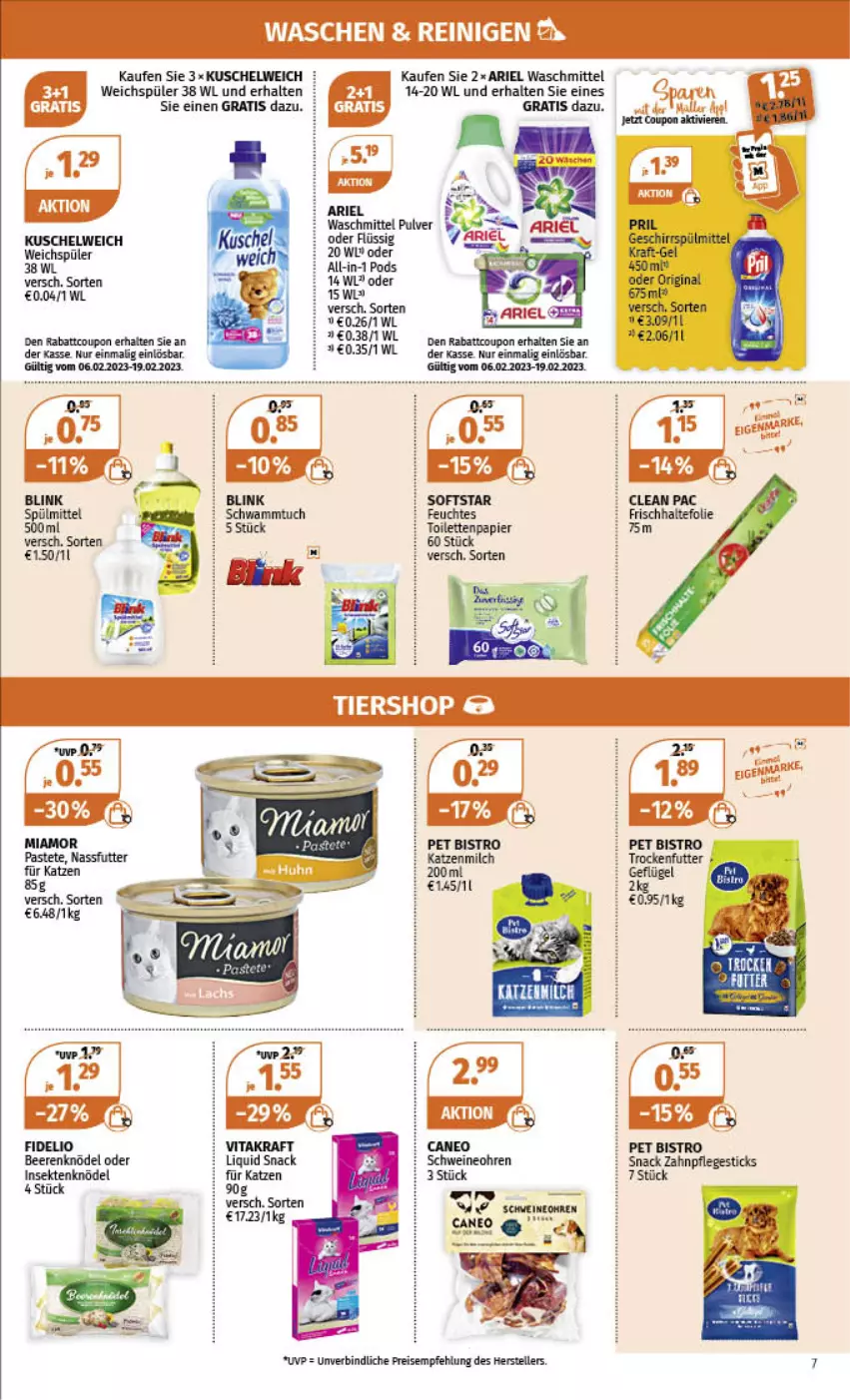 Aktueller Prospekt Mueller - Angebote entdecken & sparen! - von 06.02 bis 11.02.2023 - strona 7 - produkty: ariel, ariel waschmittel, beere, beeren, coupon, eis, elle, katzenmilch, Knödel, kraft, Kuschelweich, milch, papier, Pods, reis, schwein, schweine, sekt, snack, teller, Ti, vita, vitakraft, waschmittel, weichspüler, wein, weine