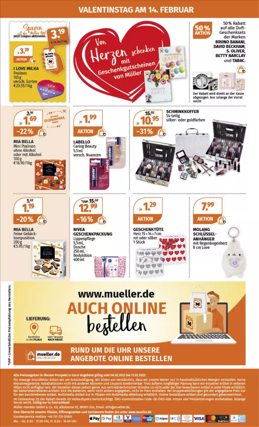 Aktueller Prospekt Mueller - Angebote entdecken & sparen! - von 06.02 bis 11.02.2023 - strona 8 - produkty: alkohol, Anhänger, bett, body, bodylotion, bruno banani, coupon, David Beckham, dusche, eis, elle, geschenkpackung, geschenkset, koffer, Labello, Lippenpflege, Lotion, milka, nivea, Nuance, ohne alkohol, olive, pralinen, reis, ring, S. Oliver, teller, Ti, Tüte, Yo