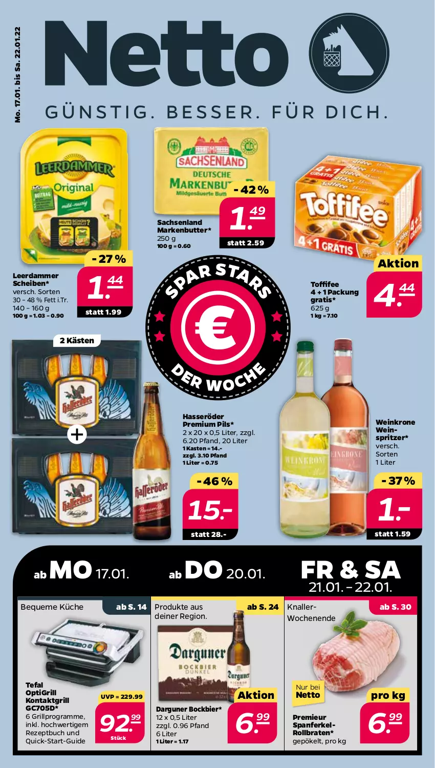 Aktueller Prospekt Netto - Angebote ab Montag - von 17.01 bis 22.01.2022 - strona 1 - produkty: bier, braten, buch, butter, grill, hasseröder, kontaktgrill, krone, küche, leerdammer, markenbutter, pils, premium pils, rezept, rollbraten, sac, tefal, Ti, toffifee, wein