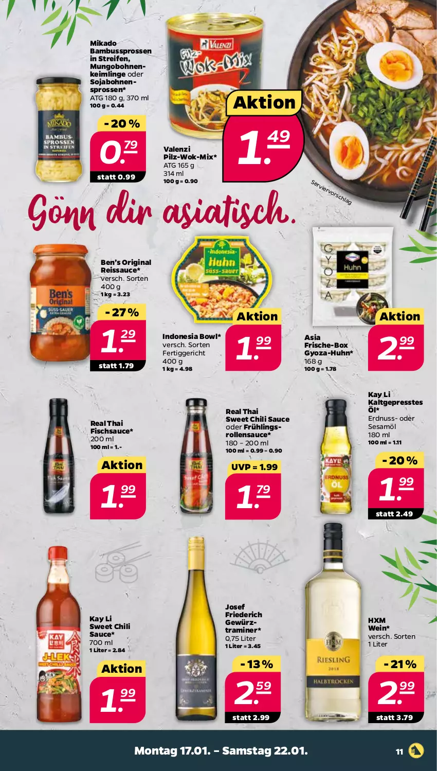 Aktueller Prospekt Netto - Angebote ab Montag - von 17.01 bis 22.01.2022 - strona 11 - produkty: bambus, Ben’s Original, bohne, bohnen, chili, eis, erdnuss, fertiggericht, fisch, gewürz, gin, mikado, nuss, reifen, reis, reiss, sauce, sesam, Sesamöl, soja, Ti, tisch, wein, wok, Yo