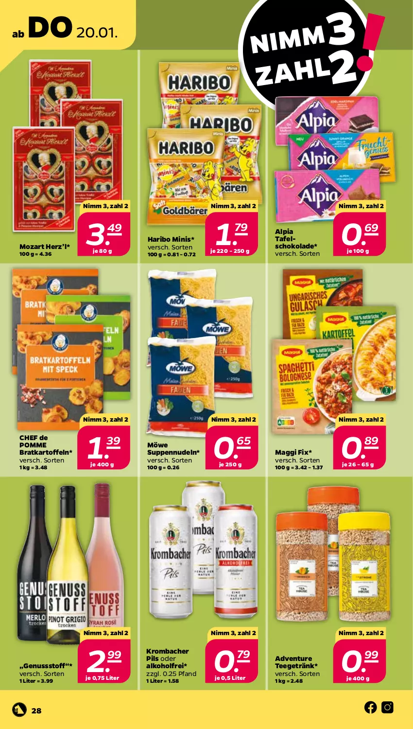 Aktueller Prospekt Netto - Angebote ab Montag - von 17.01 bis 22.01.2022 - strona 28 - produkty: alkohol, alpia, getränk, haribo, kartoffel, kartoffeln, krombache, krombacher, krombacher pils, maggi, maggi fix, nudel, nudeln, nuss, pils, schoko, schokolade, suppe, suppen, tafelschokolade, tee