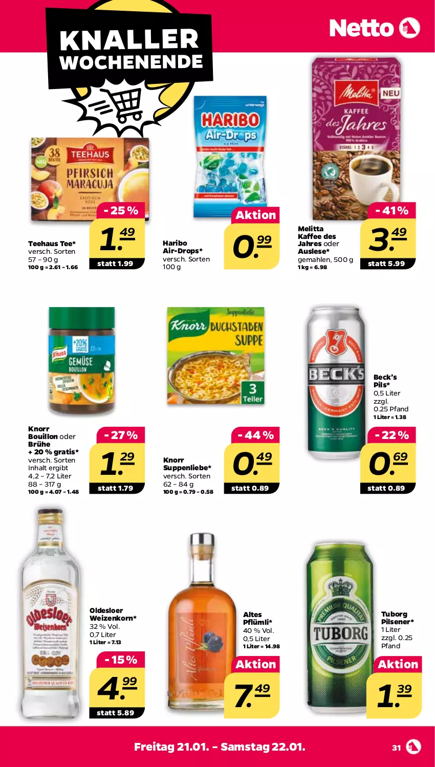 Aktueller Prospekt Netto - Angebote ab Montag - von 17.01 bis 22.01.2022 - strona 31 - produkty: Brühe, haribo, kaffee, knorr, korn, melitta, oldesloer, pils, pilsener, suppe, suppen, suppenliebe, tee, Ti, weizenkorn