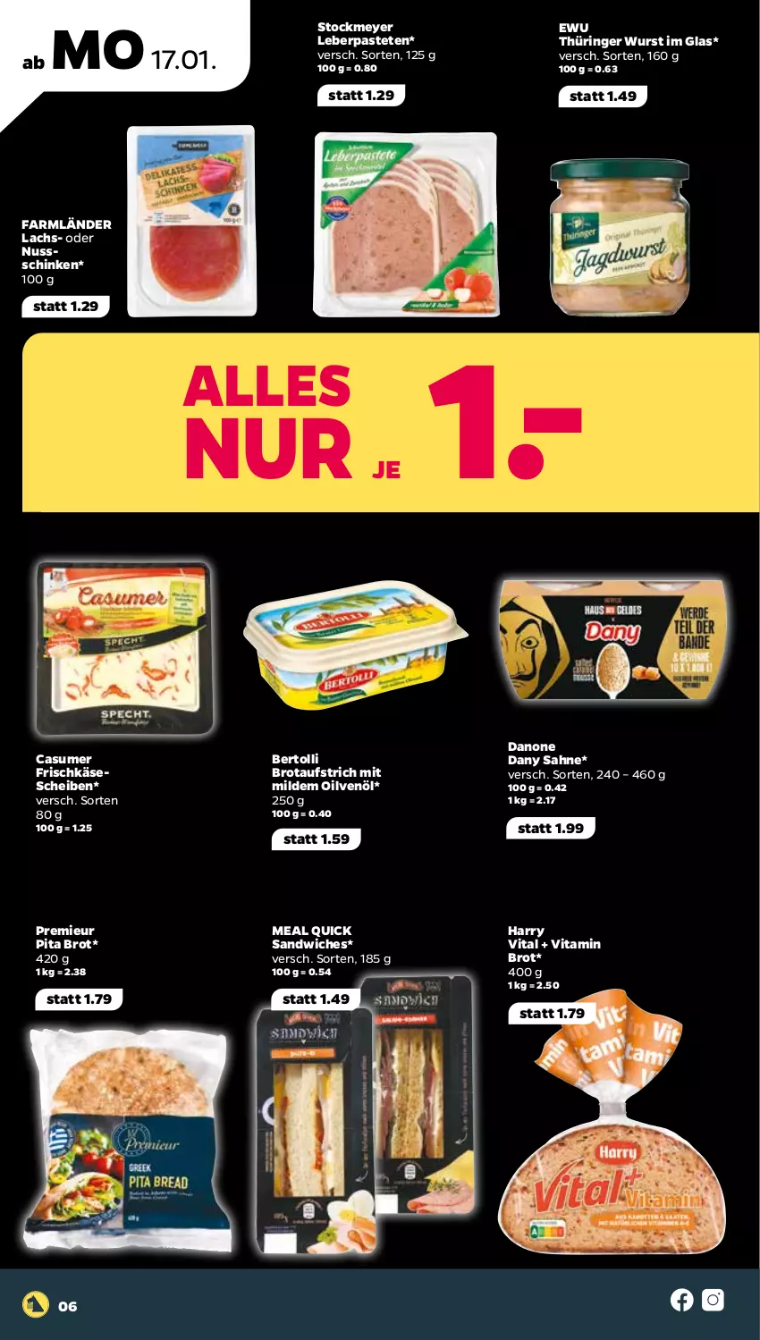 Aktueller Prospekt Netto - Angebote ab Montag - von 17.01 bis 22.01.2022 - strona 6 - produkty: aufstrich, bertolli, brot, brotaufstrich, danone, Dany, dany sahne, frischkäse, Käse, käsescheiben, lachs, nuss, pastete, ring, sahne, sandwich, schinken, stockmeyer, vita, Vitamin B, wurst