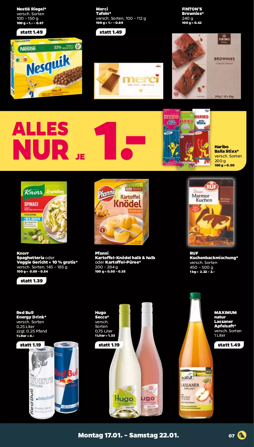 Aktueller Prospekt Netto - Angebote ab Montag - von 17.01 bis 22.01.2022 - strona 7 - produkty: apfel, apfelsaft, backmischung, ball, brownie, brownies, drink, ecco, energy drink, haribo, hugo, kartoffel, Knödel, knorr, kuchen, maximum natur, merci, natur, nestlé, pfanni, püree, red bull, Ria, riegel, saft, Ti, veggie