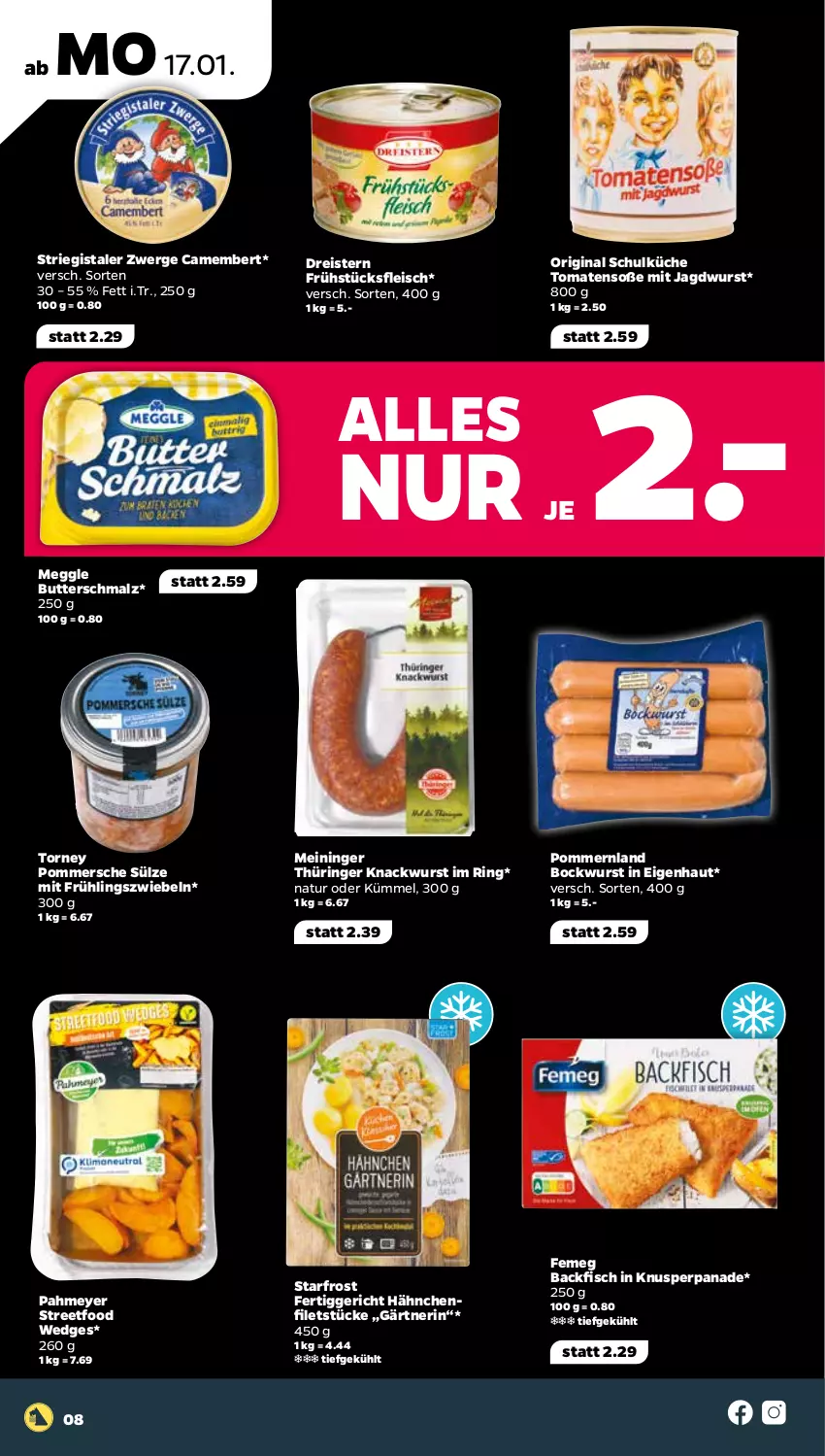 Aktueller Prospekt Netto - Angebote ab Montag - von 17.01 bis 22.01.2022 - strona 8 - produkty: backfisch, bockwurst, butter, Butterschmalz, camembert, dreistern, eis, femeg, fertiggericht, filet, filets, fisch, fleisch, frühstücksfleisch, gin, jagdwurst, küche, malz, meggle, natur, Pommersche, reis, ring, Schmalz, Soße, Ti, tomate, tomaten, wedges, wurst, zwiebel, zwiebeln