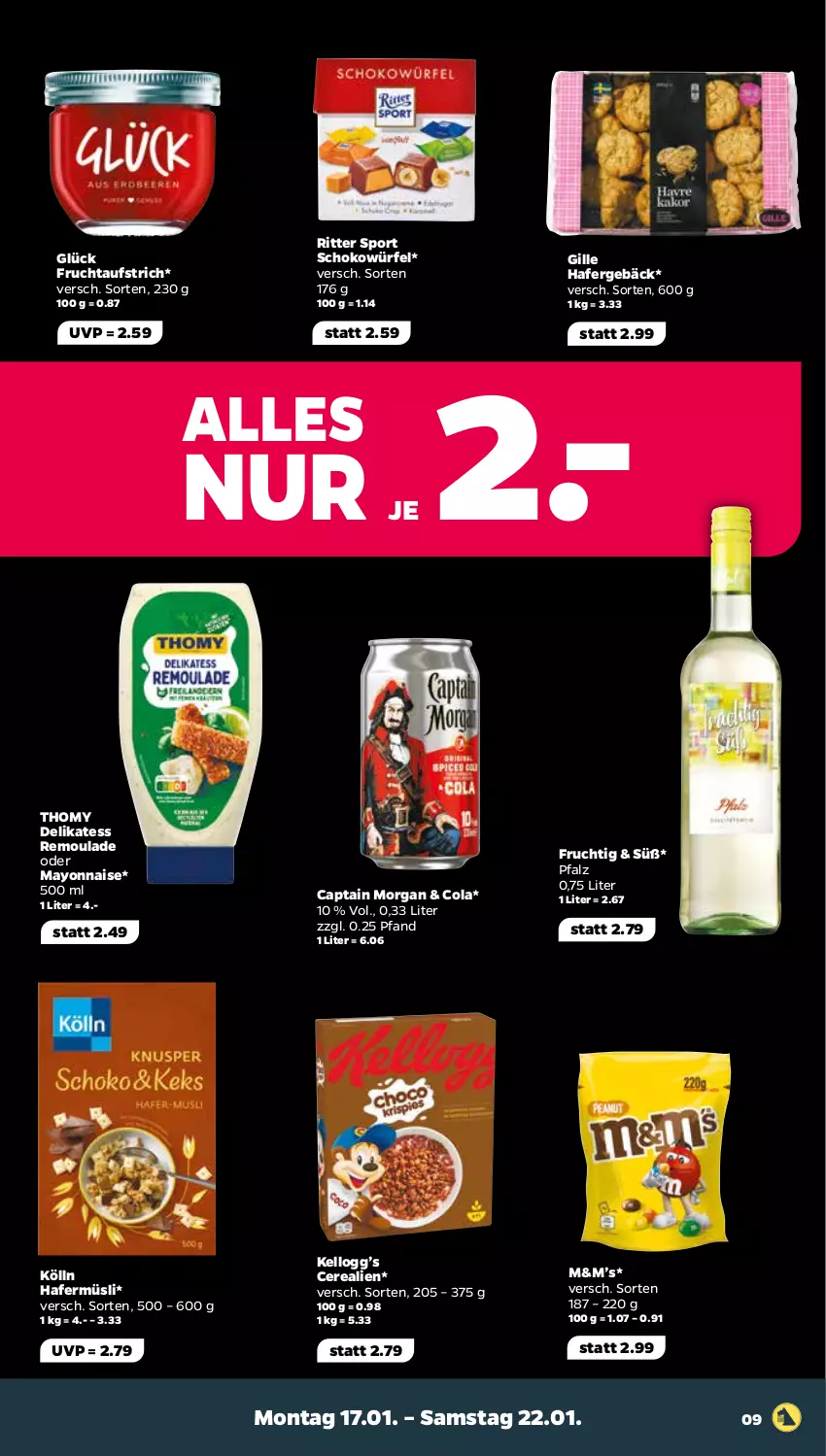 Aktueller Prospekt Netto - Angebote ab Montag - von 17.01 bis 22.01.2022 - strona 9 - produkty: aufstrich, Cap, captain morgan, cerealien, cola, frucht, fruchtaufstrich, hafer, kölln, mayonnaise, müsli, remoulade, ritter, ritter sport, schoko, schokowürfel, Sport, thomy, Ti, würfel, Yo