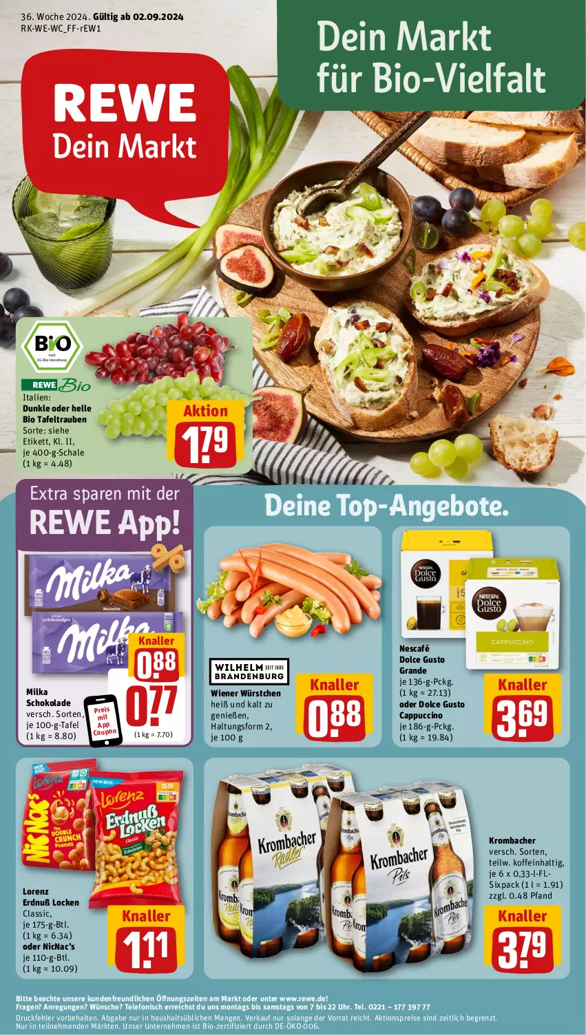 Aktueller Prospekt Rewe - Prospekte - von 02.09 bis 07.09.2024 - strona 1 - produkty: aktionspreis, angebot, angebote, bio, Cap, cappuccino, cin, coupon, dolce gusto, eis, elle, krombache, krombacher, lorenz, milka, milka schokolade, Nescafé, reis, Schal, Schale, schoko, schokolade, tafeltrauben, telefon, Ti, top-angebot, trauben, uhr, wiener, wiener würstchen, würstchen