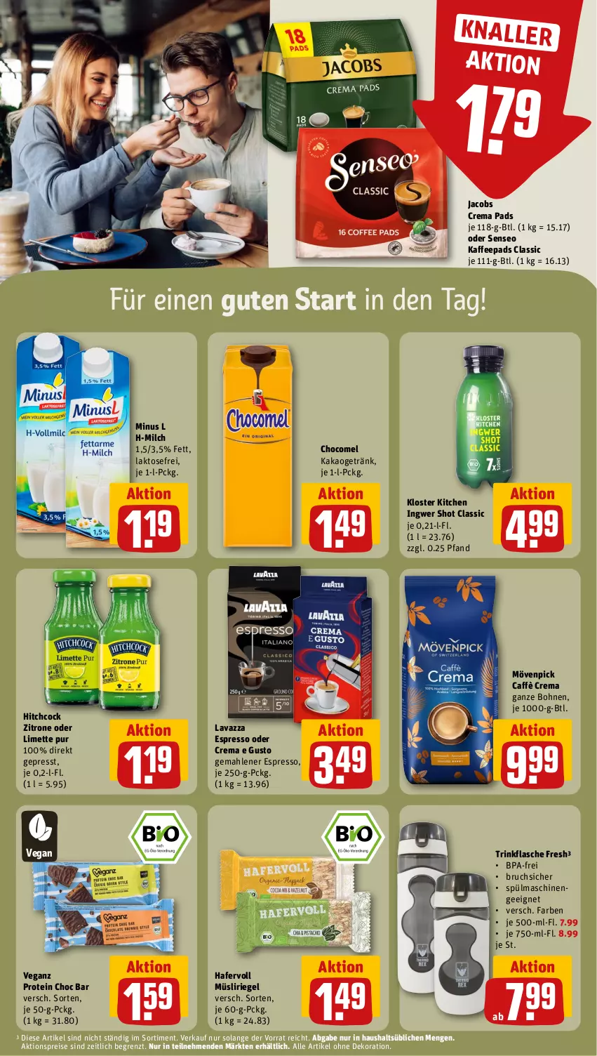 Aktueller Prospekt Rewe - Prospekte - von 02.09 bis 07.09.2024 - strona 12 - produkty: aktionspreis, alle artikel ohne dekoration, bohne, bohnen, caffè crema, crema pads, dekoration, eis, espresso, espresso oder, flasche, getränk, hafer, ingwer, jacobs, Jacobs Crema, kaffee, kaffeepads, kakao, lavazza, limette, Mett, milch, mövenpick, müsli, Müsliriegel, reis, riegel, senseo, spülmaschinen, Ti, trinkflasche, zitrone