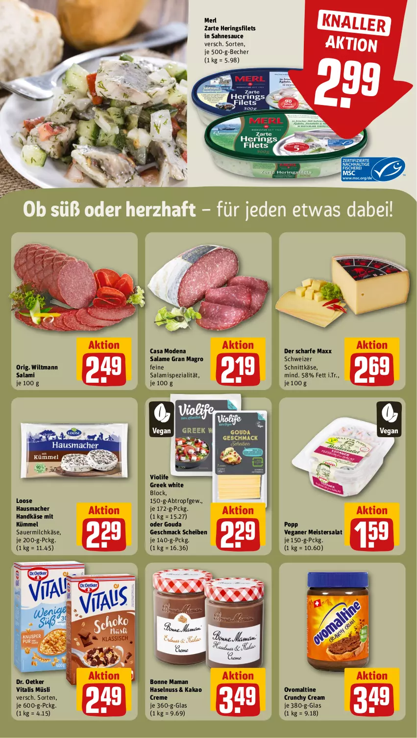 Aktueller Prospekt Rewe - Prospekte - von 02.09 bis 07.09.2024 - strona 13 - produkty: auer, Becher, bonne maman, Casa Modena, creme, Dr. Oetker, eis, filet, filets, gouda, haselnuss, Hausmacher, hering, Herings, heringsfilets, kakao, Käse, Loose, mac, mam, Meister, merl, milch, Mode, müsli, ndk, nuss, ovomaltine, Popp, ring, sahne, salami, salat, sauce, Sauermilchkäse, schnittkäse, schweizer schnittkäse, Spezi, Ti, vita, vitalis, vitalis müsli, wiltmann