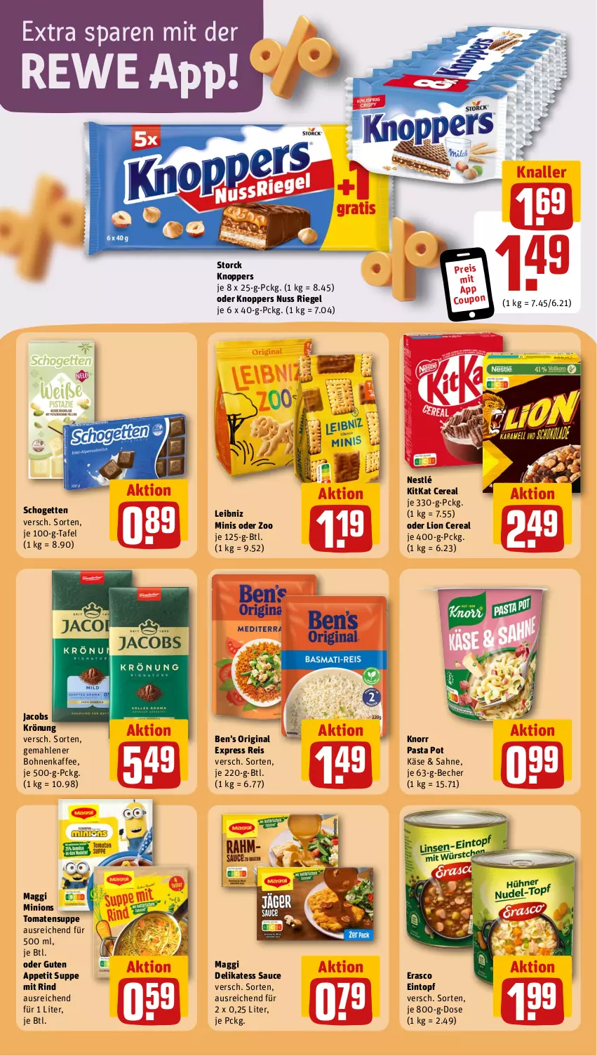 Aktueller Prospekt Rewe - Prospekte - von 02.09 bis 07.09.2024 - strona 14 - produkty: Becher, Ben’s Original, bohne, bohnen, bohnenkaffee, coupon, delikatess sauce, eintopf, eis, erasco, gemahlener bohnenkaffee, gin, jacobs, jacobs krönung, kaffee, Käse, kitkat, knoppers, knorr, knorr pasta, leibniz, lion, maggi, nestlé, nuss, pasta, reis, riegel, rind, sahne, sauce, schogetten, storck, suppe, Ti, tomate, tomaten, Tomatensuppe, topf