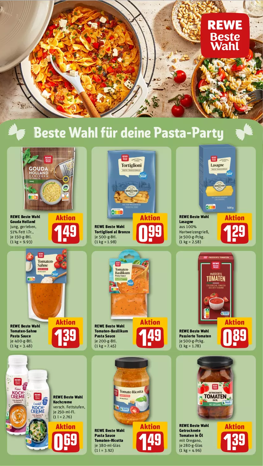 Aktueller Prospekt Rewe - Prospekte - von 02.09 bis 07.09.2024 - strona 15 - produkty: basilikum, creme, Getrocknete Tomaten, gouda, hartweizen, Kochcreme, lasagne, lion, pasta, Pasta Sauce, rewe beste wahl, ricotta, sahne, sauce, Ti, tomate, tomaten