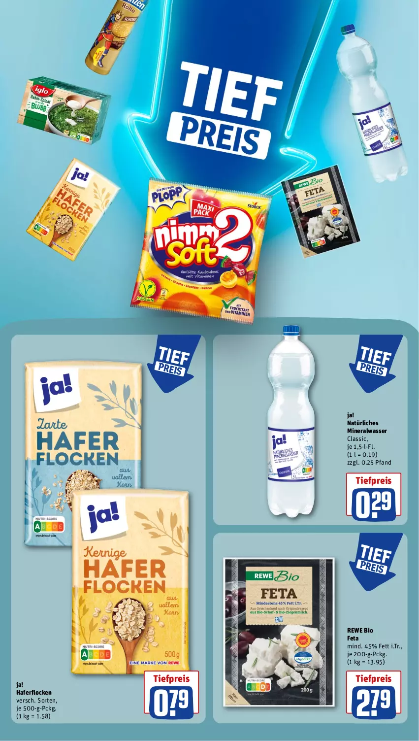 Aktueller Prospekt Rewe - Prospekte - von 02.09 bis 07.09.2024 - strona 17 - produkty: Alwa, bio, eis, feta, hafer, haferflocken, mineralwasser, Mineralwasser Classic, natürliches mineralwasser, reis, rewe bio, Ti, tiefpreis, wasser