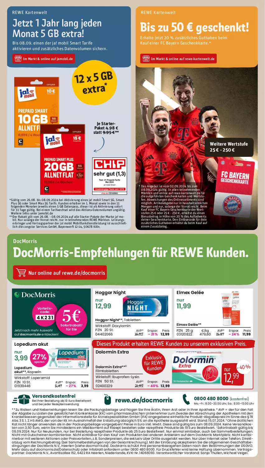 Aktueller Prospekt Rewe - Prospekte - von 02.09 bis 07.09.2024 - strona 19 - produkty: angebot, Apotheke, Avanti, congstar, decke, Dolormin, eier, eis, elle, elmex, erde, gutschein, gutscheine, Hoggar Night, ilag, K2, LG, Lopedium, ndk, Ofen, preisvorteil, reis, rezept, rezepte, ring, sofortrabatt, Spezi, tablet, tablett, Tablette, telefon, Ti, Tiere, tisch, uhr, usb, versandkostenfrei, weck