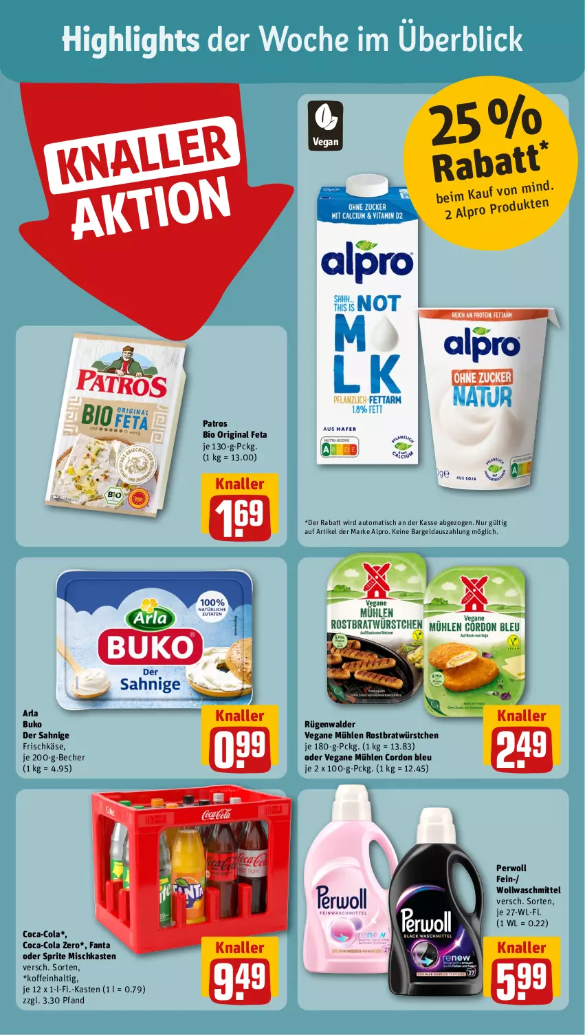 Aktueller Prospekt Rewe - Prospekte - von 02.09 bis 07.09.2024 - strona 2 - produkty: alpro, arla, arla buko, auto, Becher, bio, Buko, coca-cola, cola, cordon bleu, fanta, fanta oder, fanta oder sprite, feta, frischkäse, gin, Käse, oder sprite, patros, perwoll, rügenwalder, sprite, Ti, tisch, waschmittel, würstchen