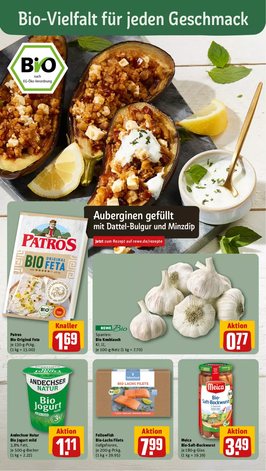 Aktueller Prospekt Rewe - Prospekte - von 02.09 bis 07.09.2024 - strona 4 - produkty: andechser natur, aubergine, auberginen, Becher, bio, bockwurst, bulgur, dip, feta, filet, filets, followfish, gin, jogurt, knoblauch, lachs, LG, mac, meica, natur, patros, rezept, rezepte, saft, Ti, wurst