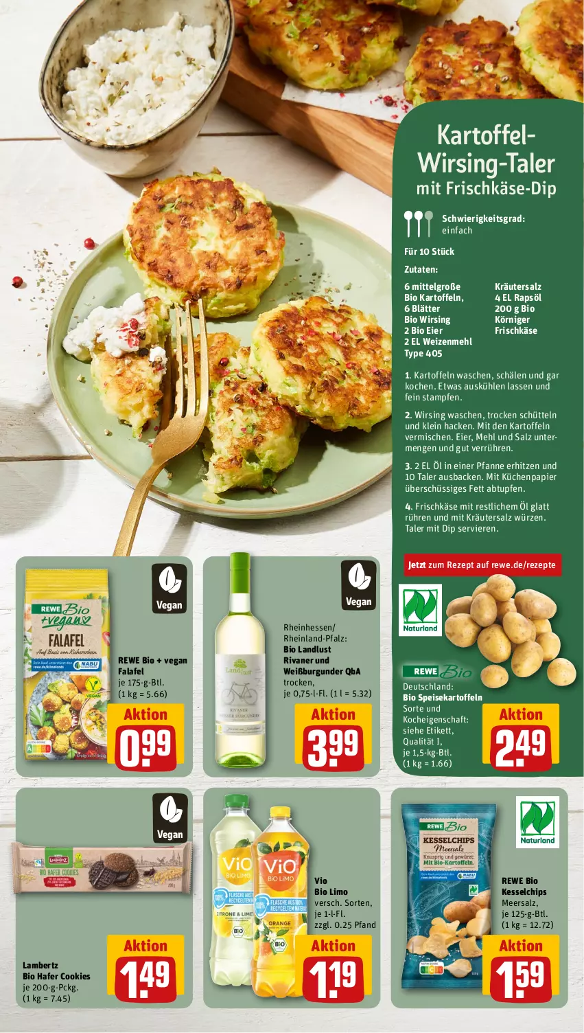 Aktueller Prospekt Rewe - Prospekte - von 02.09 bis 07.09.2024 - strona 5 - produkty: Amber, bio, bio limo, burgunder, chips, cookie, cookies, dip, eier, eis, Falafel, frischkäse, hafer, kartoffel, kartoffeln, Käse, Körniger Frischkäse, kräuter, küche, Küchen, lambertz, LG, limo, meersalz, mehl, papier, pfanne, rapsöl, rewe bio, rezept, rezepte, Rivaner, salz, speisekartoffeln, Ti, type 405, usb, vio bio limo, Weißburgunder, weizenmehl, Wirsing