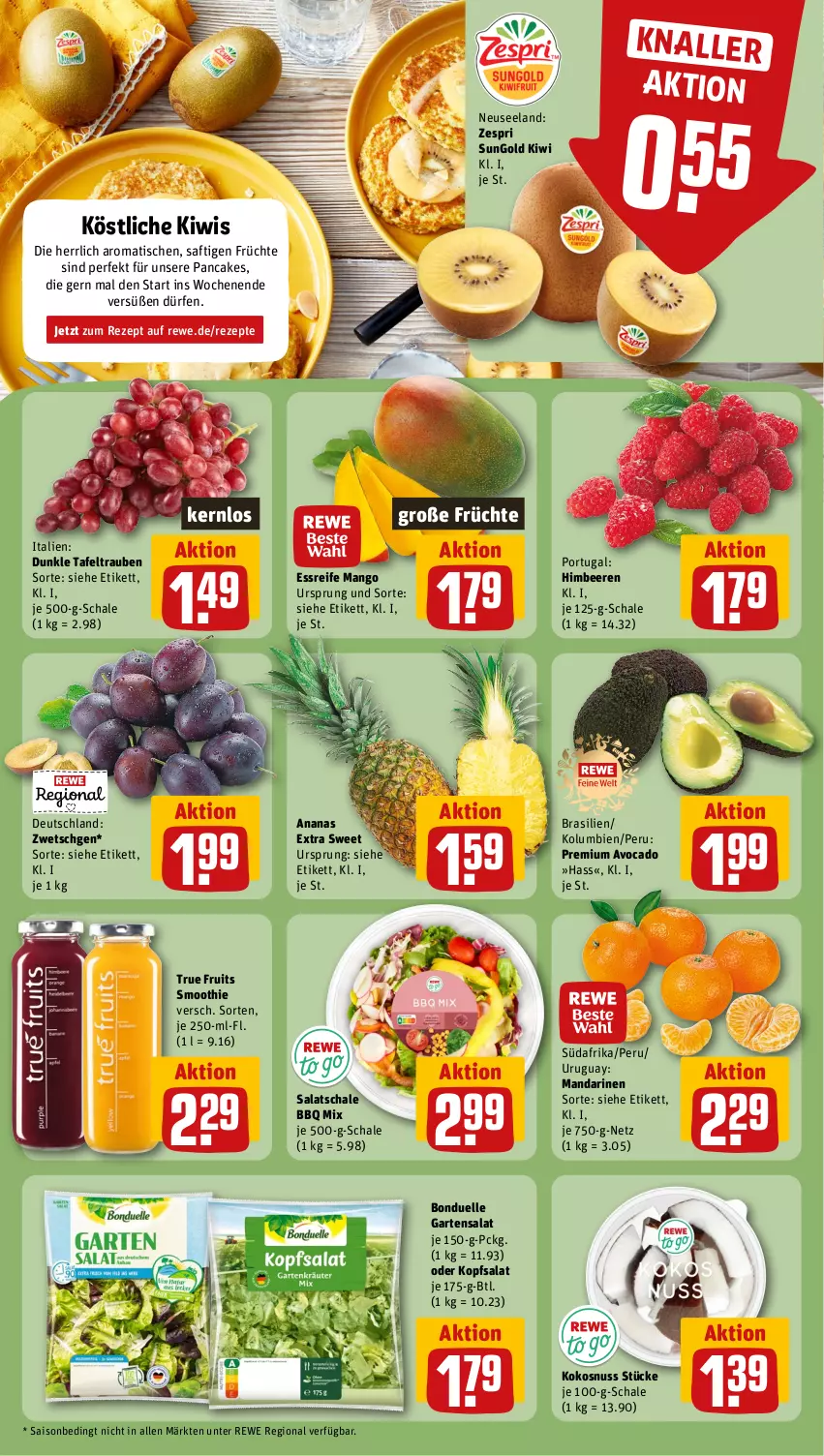 Aktueller Prospekt Rewe - Prospekte - von 02.09 bis 07.09.2024 - strona 6 - produkty: ananas, avocado, beere, beeren, bonduelle, Elan, elle, früchte, Garten, himbeer, himbeere, himbeeren, kiwi, kokos, kokosnuss, kopfsalat, mandarine, mandarinen, mango, nuss, rezept, rezepte, saft, salat, Schal, Schale, smoothie, tafeltrauben, Ti, tisch, trauben, true fruits, zespri