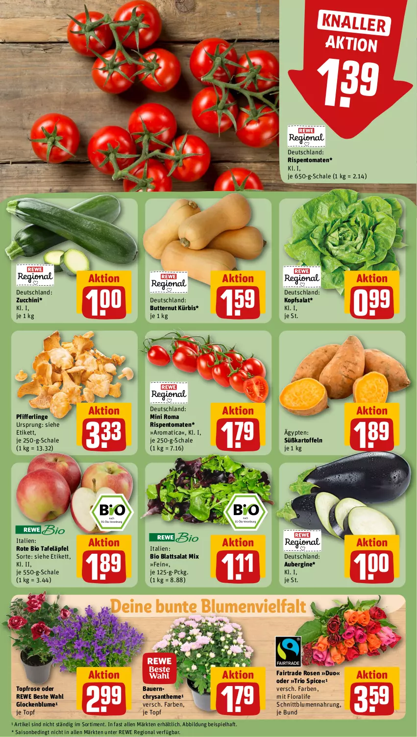 Aktueller Prospekt Rewe - Prospekte - von 02.09 bis 07.09.2024 - strona 7 - produkty: aubergine, auer, Bau, Bauer, bio, blume, blumen, butter, eis, gin, kartoffel, kartoffeln, kopfsalat, Kürbis, Pfifferlinge, rewe beste wahl, rispentomaten, rosen, salat, Schal, Schale, Süßkartoffeln, tafeläpfel, Ti, tomate, tomaten, topf, zucchini