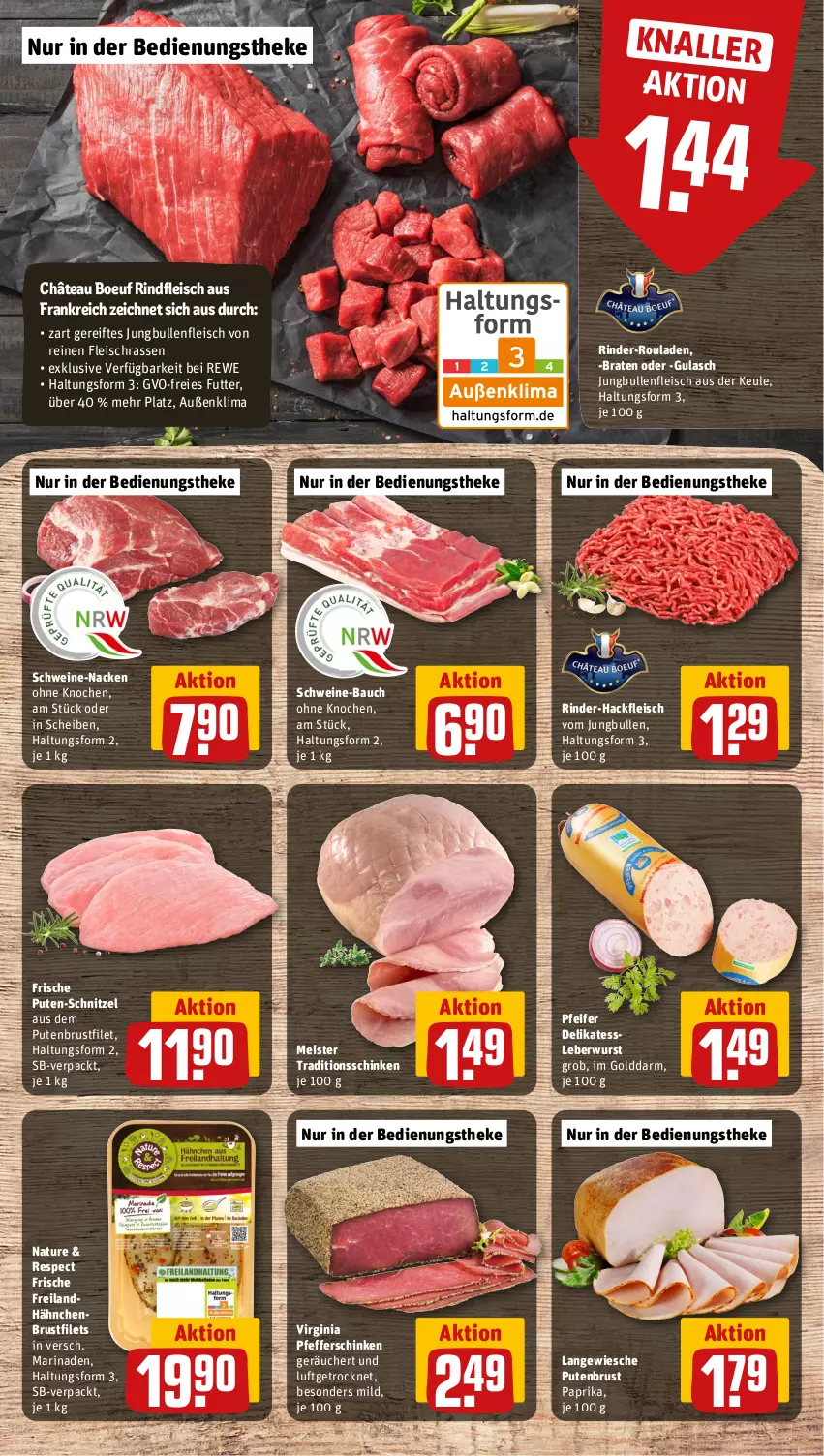 Aktueller Prospekt Rewe - Prospekte - von 02.09 bis 07.09.2024 - strona 8 - produkty: Bau, braten, brustfilet, eis, filet, filets, fleisch, gin, gulasch, hackfleisch, hähnchenbrust, hähnchenbrustfilet, jungbullen, leberwurst, marinade, Meister, natur, paprika, pfeffer, pute, putenbrust, putenbrustfilet, rind, rinder, rinder-hackfleisch, rinder-rouladen, rindfleisch, rouladen, schinken, schnitzel, schwein, schweine, schweine-bauch, Ti, wein, weine, wurst