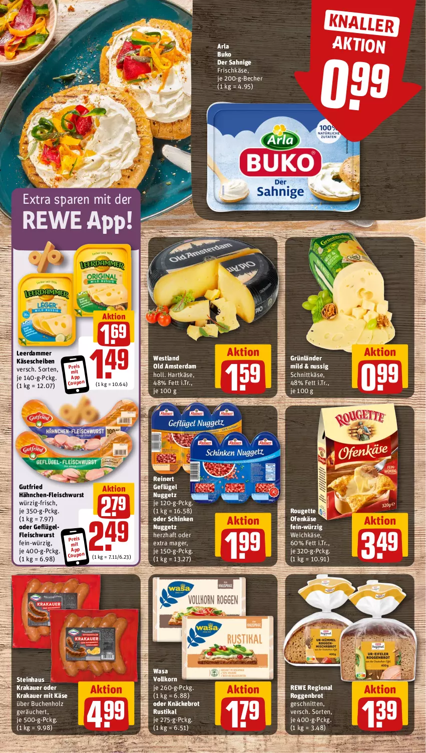 Aktueller Prospekt Rewe - Prospekte - von 02.09 bis 07.09.2024 - strona 9 - produkty: arla, arla buko, auer, Becher, brot, buch, Buko, coupon, eis, fleisch, fleischwurst, frischkäse, Geflügel, grünländer, gutfried, hartkäse, Holz, Käse, käsescheiben, knäckebrot, korn, krakauer, leerdammer, nuss, Ofen, Ofenkäse, Old Amsterdam, reinert, reis, rouge, rougette, schinken, schnitten, schnittkäse, steinhaus, Ti, wasa, weichkäse, wurst