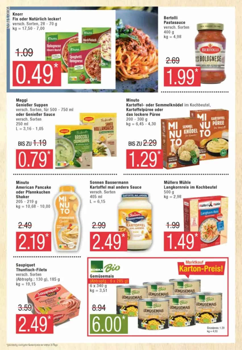 Aktueller Prospekt Edeka - Prospekte - von 17.02 bis 24.02.2024 - strona 18 - produkty: bertolli, beutel, eis, filet, filets, fisch, kartoffel, Kartoffelpüree, Knödel, knorr, knorr fix, kochbeutel, korn, kuchen, Langkornreis, maggi, Müller, pasta, Pfannkuchen, püree, reis, sauce, saupiquet, Semmel, Semmelknödel, shake, suppe, suppen, thunfisch