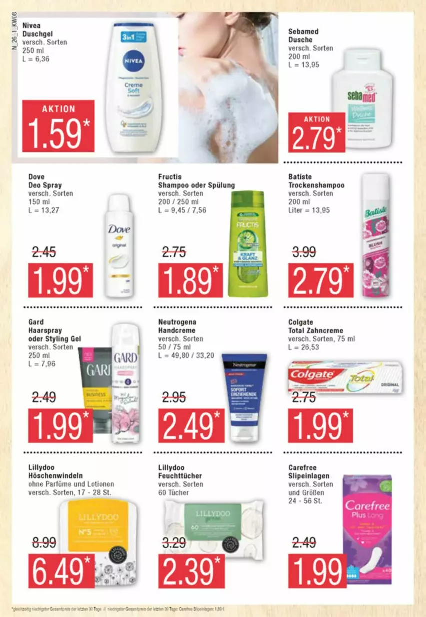 Aktueller Prospekt Edeka - Prospekte - von 17.02 bis 24.02.2024 - strona 26 - produkty: carefree, colgate, colgate total, creme, deo, deo spray, dove, dusche, duschgel, eis, feuchttücher, fructis, haarspray, handcreme, LG, Lotion, neutrogena, nivea, reis, sebamed, shampoo, shampoo oder spülung, slip, slipeinlagen, spülung, Styling Gel, Ti, Trockenshampoo, tücher, windeln, zahncreme, ZTE