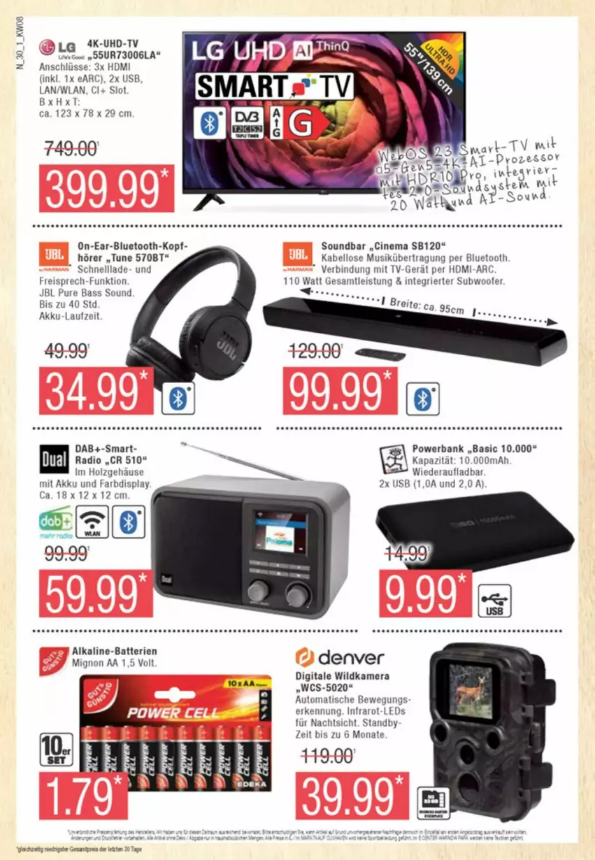 Aktueller Prospekt Edeka - Prospekte - von 17.02 bis 24.02.2024 - strona 30 - produkty: akku, auto, Bank, batterie, batterien, cin, eis, HDMI, Holz, jbl, kamera, leds, LG, powerbank, Radio, reis, soundbar, Subwoofer, Ti, tisch, uhd, UHD-TV, usb, Wild, Wildkamera