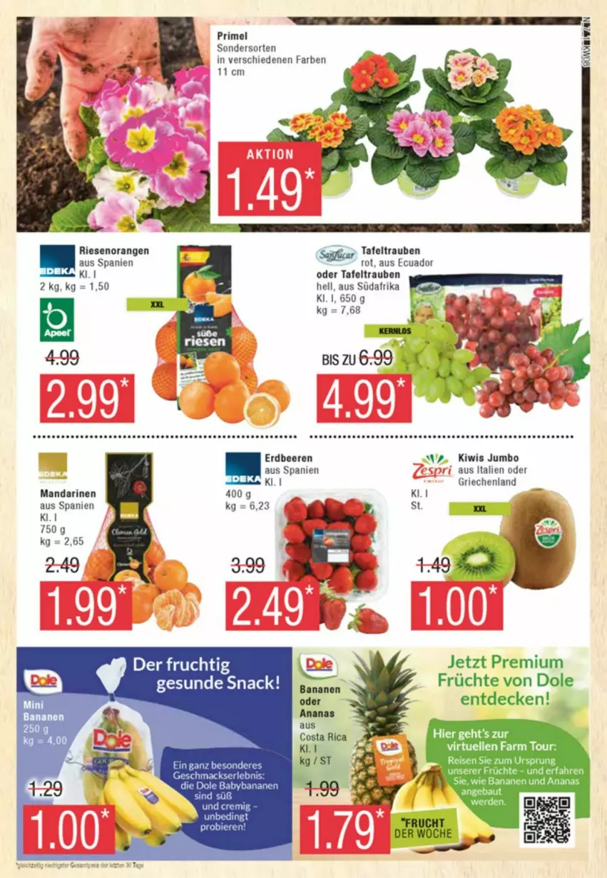 Aktueller Prospekt Edeka - Prospekte - von 17.02 bis 24.02.2024 - strona 7 - produkty: ananas, banane, bananen, Bau, beere, beeren, decke, elle, erdbeere, erdbeeren, frucht, früchte, jumbo, kiwi, mandarine, mandarinen, orange, orangen, ring, snack, tafeltrauben, Ti, trauben