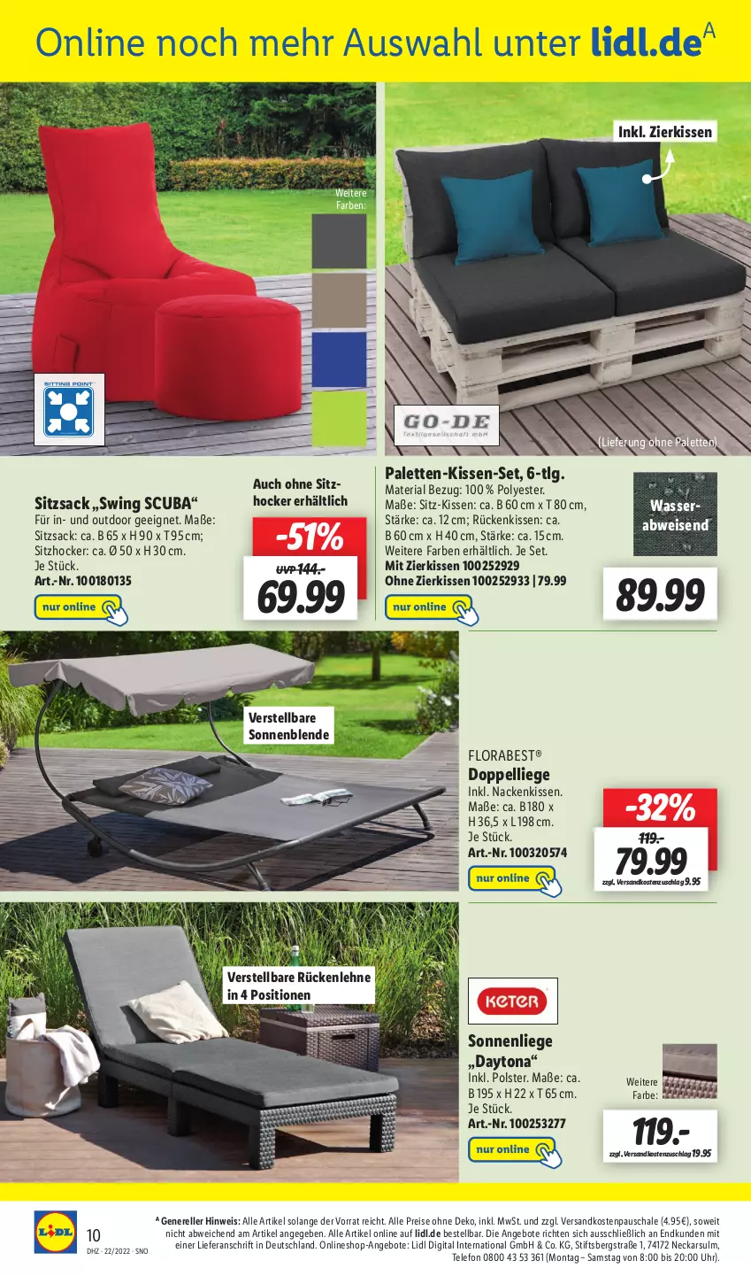 Aktueller Prospekt Lidl - Wochen-Highlights im Onlineshop - von 30.05 bis 05.06.2022 - strona 10 - produkty: angebot, angebote, eis, elle, florabest, hocker, kissen, LG, Liege, nackenkissen, ndk, Palette, reis, rel, Ria, Rückenkissen, rückenlehne, sac, Schal, Schale, sonnenliege, telefon, Ti, uhr, wasser, zierkissen