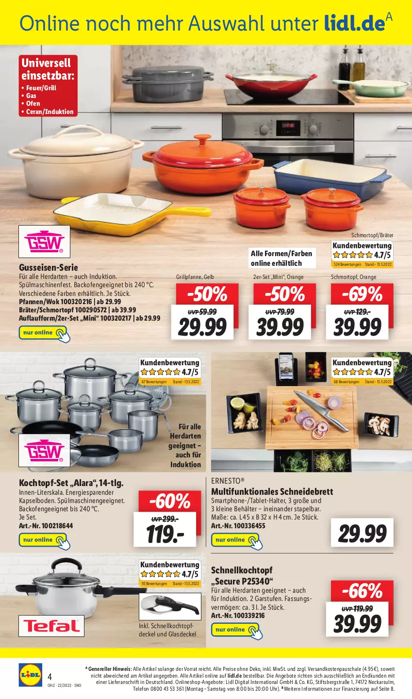 Aktueller Prospekt Lidl - Wochen-Highlights im Onlineshop - von 30.05 bis 05.06.2022 - strona 4 - produkty: angebot, angebote, backofen, Behälter, decke, Deckel, eis, elle, ernesto, Glasdeckel, grill, Grillpfanne, herdarten, Kochtopf, leine, LG, ndk, Ofen, orange, pfanne, pfannen, reis, rel, Schal, Schale, schneidebrett, Schnellkochtopf, smartphone, spülmaschinen, tablet, telefon, Ti, topf, topf-set, uhr, wok