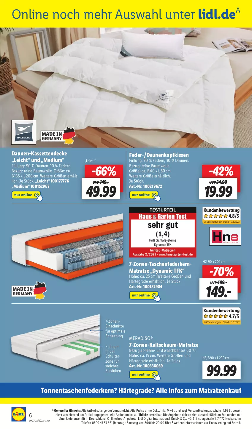 Aktueller Prospekt Lidl - Wochen-Highlights im Onlineshop - von 30.05 bis 05.06.2022 - strona 6 - produkty: angebot, angebote, Bau, baumwolle, decke, eis, elle, federkern, federkernmatratze, kaltschaum-matratze, Kassettendecke, kernmatratze, kissen, kopfkissen, matratze, matratzen, meradiso, ndk, reine baumwolle, reis, rel, Schal, Schale, Tasche, taschen, taschenfederkernmatratze, telefon, Ti, uhr, wolle