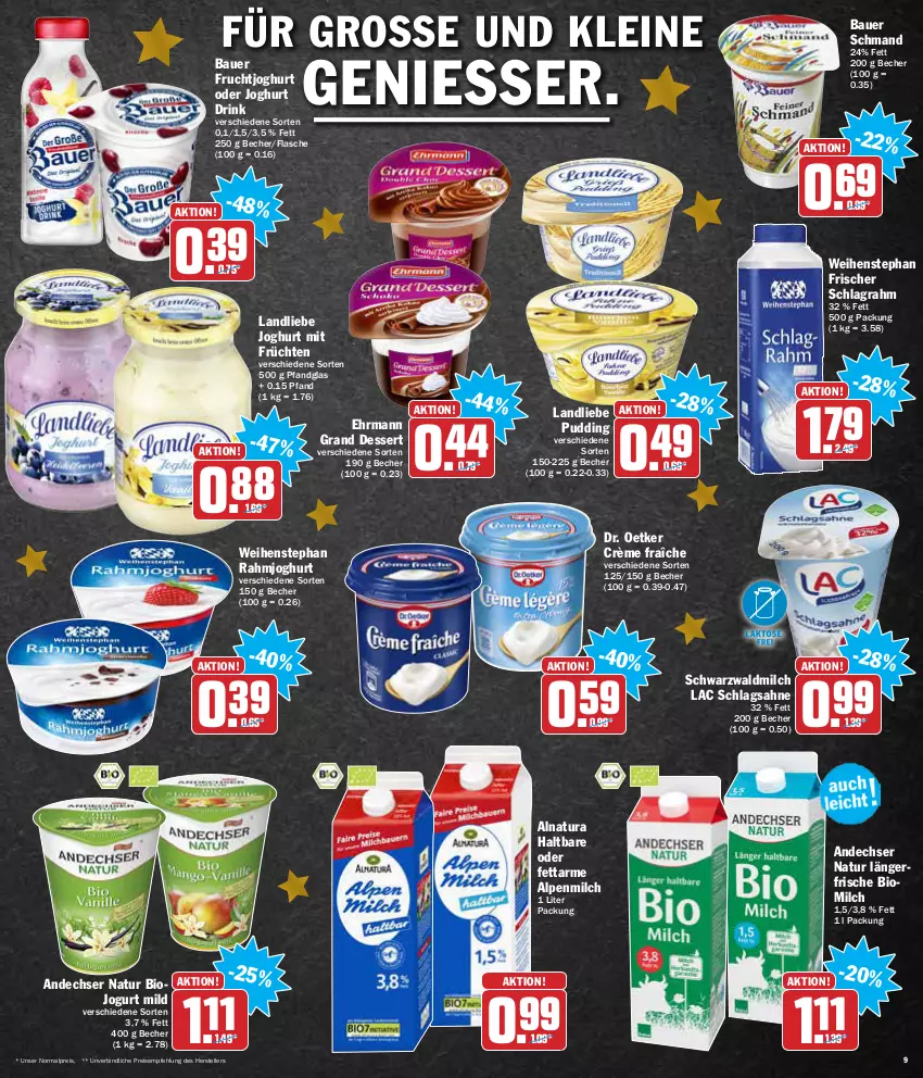 Aktueller Prospekt Aez - Prospekte - von 13.12 bis 18.12.2021 - strona 9 - produkty: alpenmilch, andechser natur, auer, Bau, Bauer, Becher, bio, crème fraîche, dessert, Dr. Oetker, drink, ehrmann, Ehrmann Grand Dessert, eis, elle, flasche, frucht, früchte, früchten, fruchtjoghurt, joghur, joghurt, jogurt, landliebe, landliebe joghurt, leine, milch, natur, natura, pudding, rahmjoghurt, reis, sahne, schlagrahm, schlagsahne, schmand, teller, Ti, weihenstephan