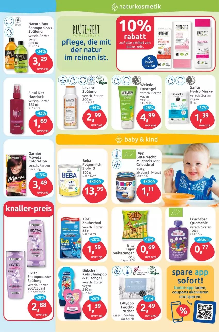 Aktueller Prospekt Budni - Prospekte - von 05.06 bis 10.06.2023 - strona 3 - produkty: arla, Bad, Beba, Blüte, Brei, bübchen, coupon, coupons, creme, duschgel, eis, folgemilch, frucht, garnier, Haarlack, hipp, kosmetik, Kugel, lack, LG, mais, milch, milchreis, natur, nature box, naturkosmetik, reis, rel, SANTE, schwamm, shampoo, spülung, Ti, tücher