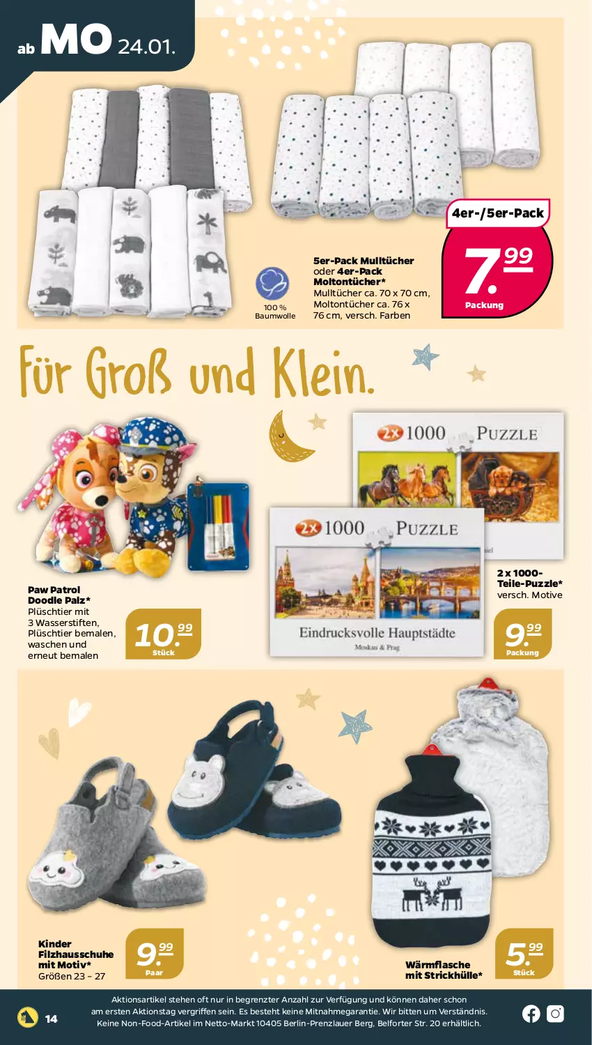 Aktueller Prospekt Netto - Angebote ab Montag - von 24.01 bis 29.01.2022 - strona 14 - produkty: auer, Bau, baumwolle, flasche, Hausschuhe, Kinder, molto, Mulltücher, Paw Patrol, Plüsch, Puzzle, schuhe, stifte, Ti, tücher, wasser, wolle, ZTE