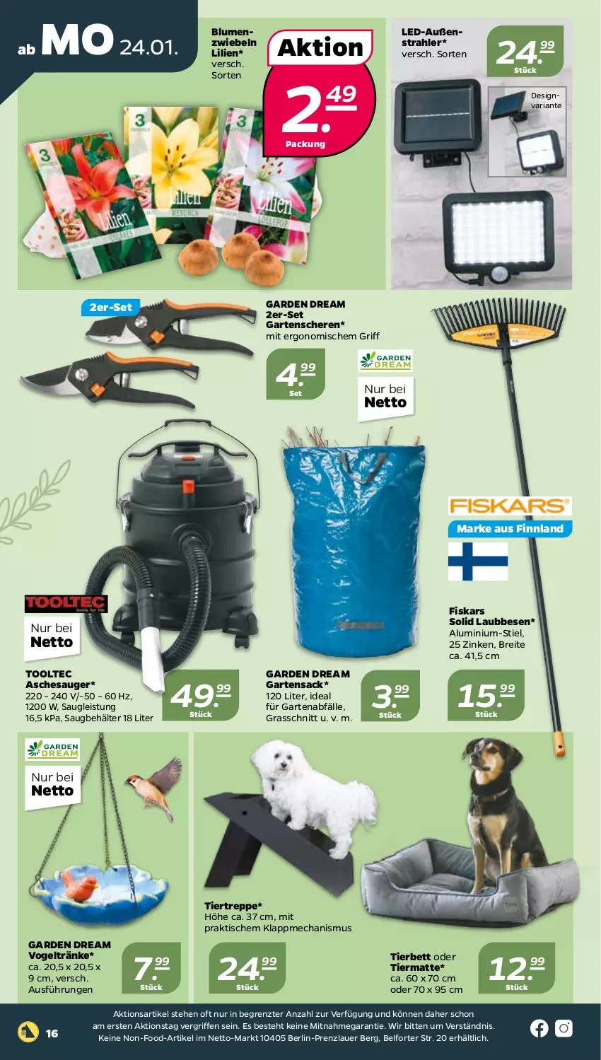 Aktueller Prospekt Netto - Angebote ab Montag - von 24.01 bis 29.01.2022 - strona 16 - produkty: Aschesauger, auer, Behälter, bett, blume, blumen, Brei, eis, fiskars, Garten, Gartensack, Gartenschere, Ria, sac, Schere, Ti, tisch, Tooltec, ZTE, zwiebel, zwiebeln