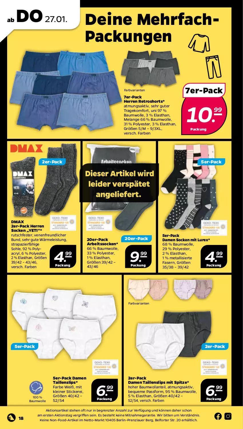 Aktueller Prospekt Netto - Angebote ab Montag - von 24.01 bis 29.01.2022 - strona 18 - produkty: Arbeitssocken, auer, Bau, baumwolle, eis, Elan, HP, leine, retroshorts, Ria, shorts, slip, slips, socken, Taillenslip, Ti, wolle, ZTE