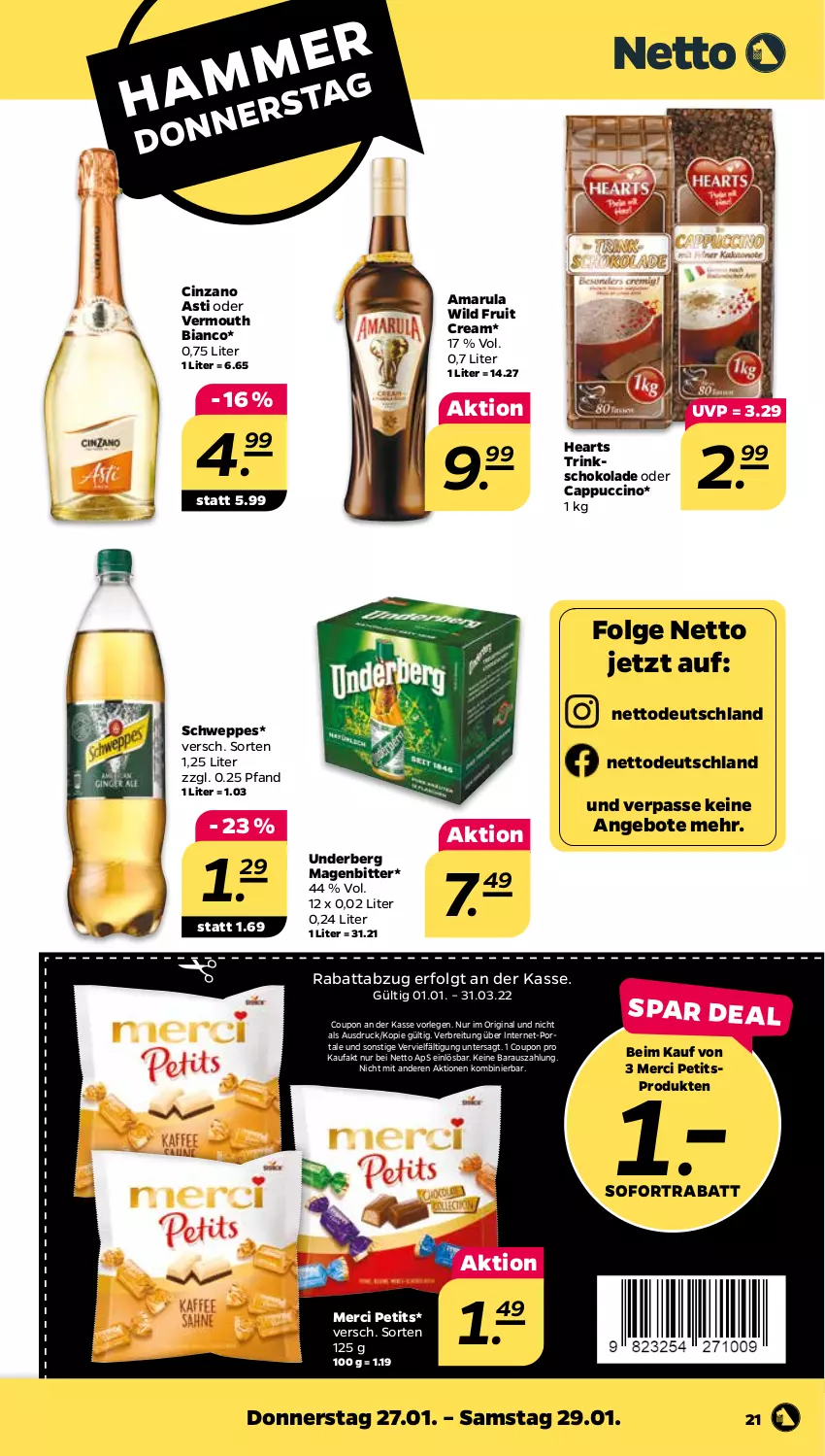 Aktueller Prospekt Netto - Angebote ab Montag - von 24.01 bis 29.01.2022 - strona 21 - produkty: amarula, angebot, angebote, asti, Brei, Cap, cappuccino, cin, cinzano, Cinzano Asti, coupon, gin, LG, merci, oder cappuccino, schoko, schokolade, schweppes, sofortrabatt, Ti, underberg, Vermouth, Wild