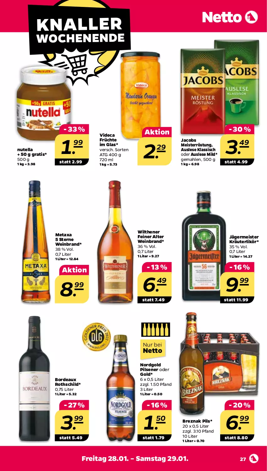 Aktueller Prospekt Netto - Angebote ab Montag - von 24.01 bis 29.01.2022 - strona 27 - produkty: eis, früchte, Germ, jacobs, Jacobs Meisterröstung, jägermeister, kräuter, kräuterlikör, likör, Meister, meisterröstung, Metaxa, nutella, pils, pilsener, Ti, wein, weinbrand, wilthener