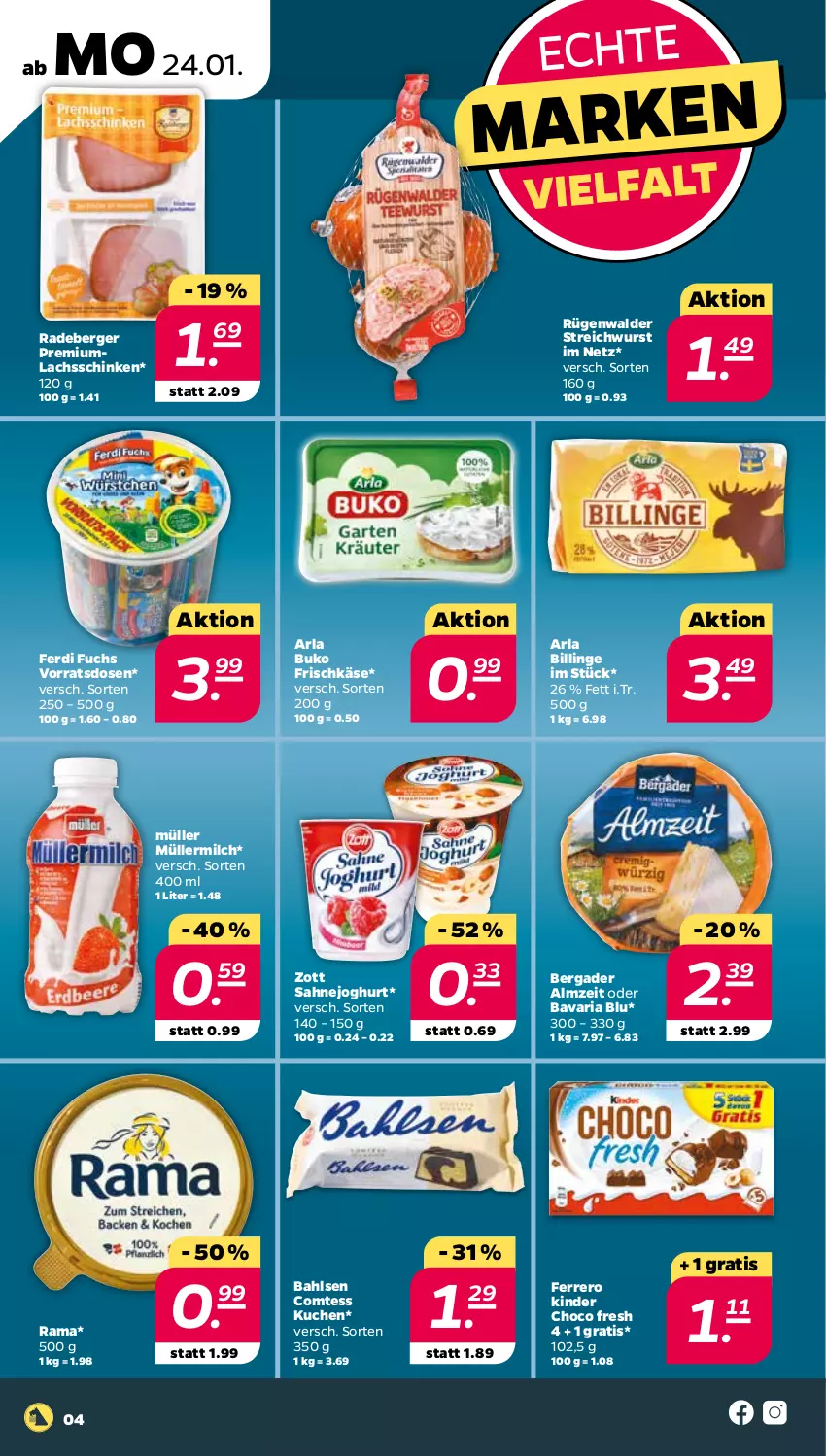 Aktueller Prospekt Netto - Angebote ab Montag - von 24.01 bis 29.01.2022 - strona 4 - produkty: arla, arla buko, bahlsen, bavaria blu, bergader, Berger, Buko, choco fresh, comtess, comtess kuchen, ferdi fuchs, ferrero, frischkäse, joghur, joghurt, Käse, Kinder, Kinder Choco fresh, kuchen, lachs, lachsschinken, milch, Müller, müllermilch, radeberger, rama, Ria, rügenwalder, sahne, Sahnejoghurt, schinken, Ti, wurst, zott