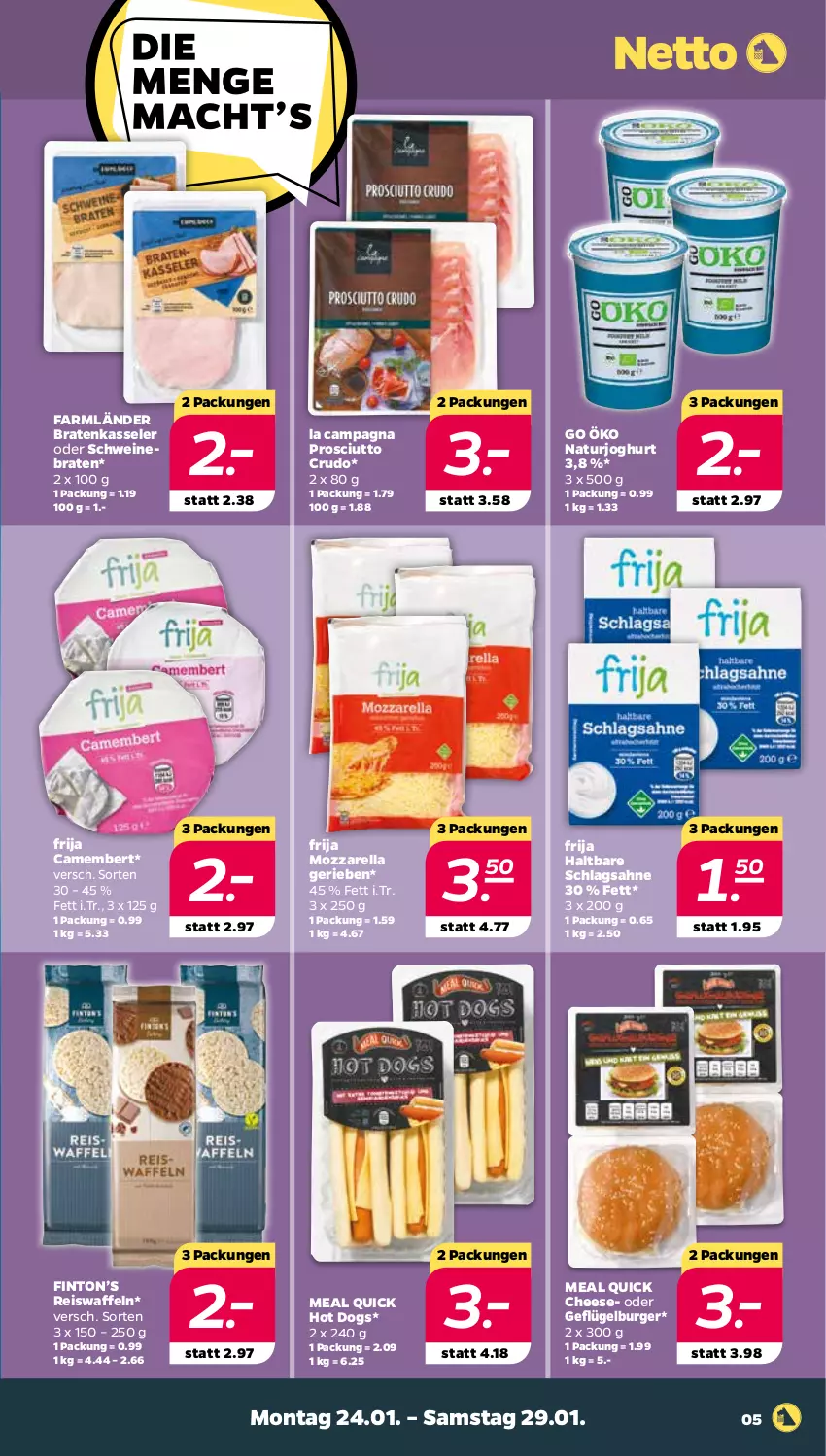 Aktueller Prospekt Netto - Angebote ab Montag - von 24.01 bis 29.01.2022 - strona 5 - produkty: braten, burger, camembert, eis, eiswaffeln, Geflügel, hot dog, joghur, joghurt, kasseler, mozzarella, natur, naturjoghurt, prosciutto, prosciutto crudo, reis, Reiswaffeln, rel, sahne, schlagsahne, schwein, schweine, schweinebraten, waffeln, wein, weine