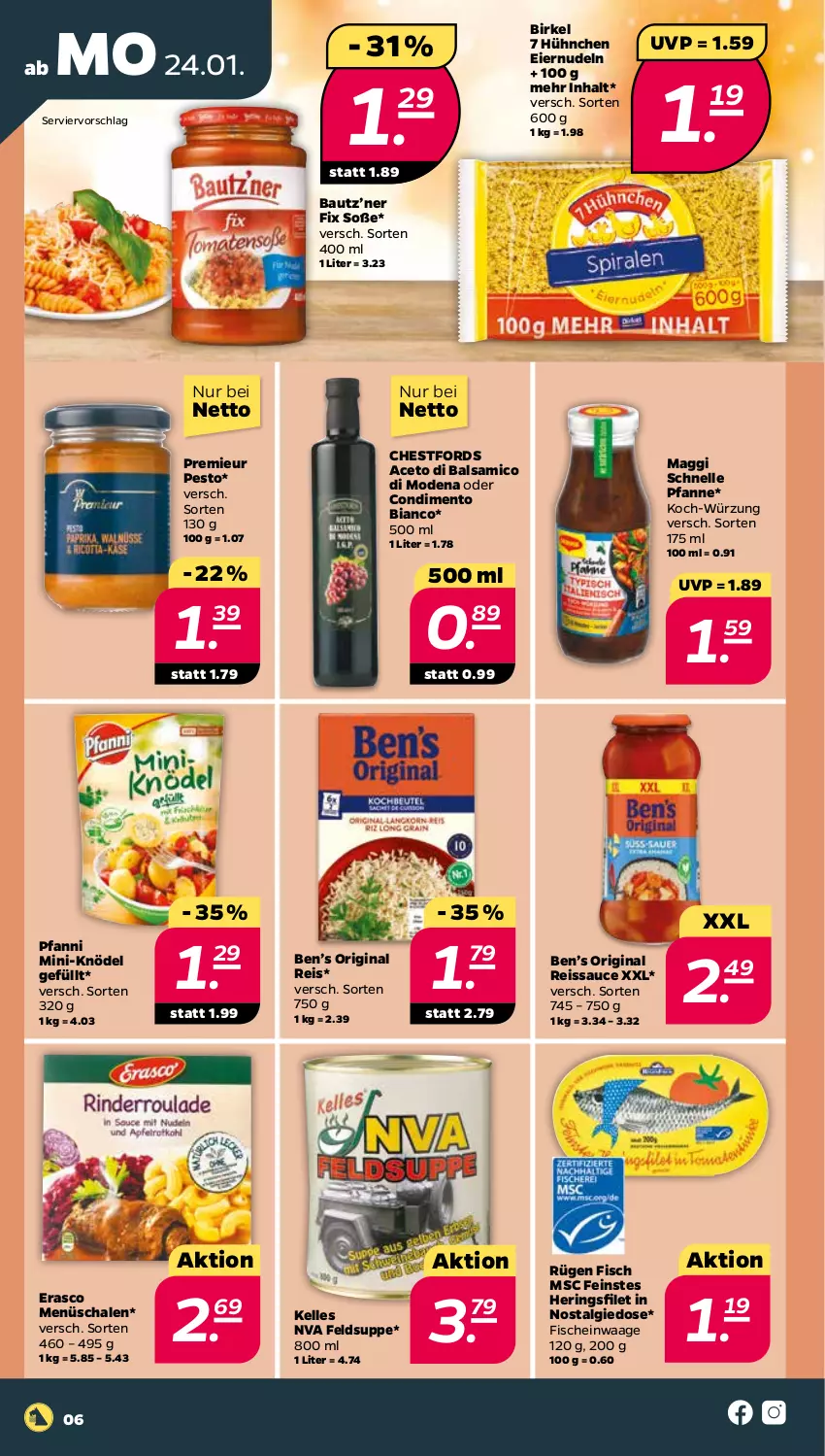 Aktueller Prospekt Netto - Angebote ab Montag - von 24.01 bis 29.01.2022 - strona 6 - produkty: aceto, balsam, balsamico, Bau, Ben’s Original, birkel, condimento, Condimento Bianco, eier, eiernudeln, eis, elle, erasco, filet, fisch, fische, gin, hering, Herings, Knödel, LG, maggi, Maggi Schnelle Pfanne, Mode, nudel, nudeln, pesto, pfanne, pfanni, reis, reiss, ring, sauce, Schal, Schale, Soße, suppe, Ti, Waage